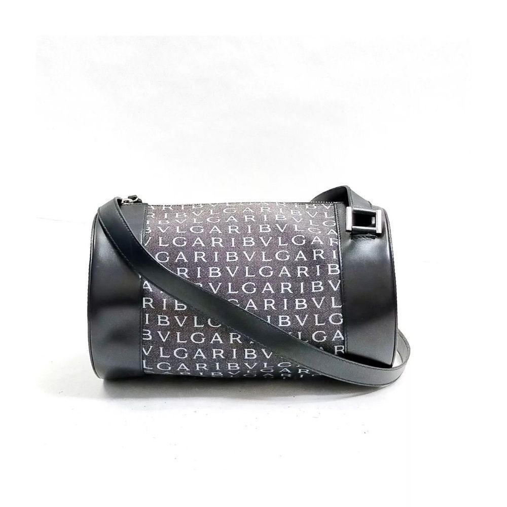 Auth Bvlgari Charcoal-Black Denim Macadam 2way Logo Mania Crossbody Cylinder Bag